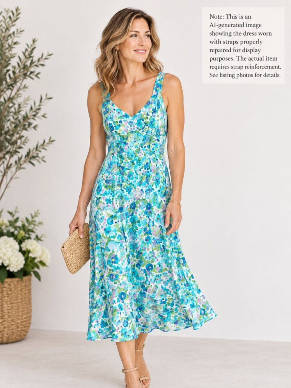 Connected Apparel Womens 8 Blue Green Floral V Neck Midi Dress Wedding Guest